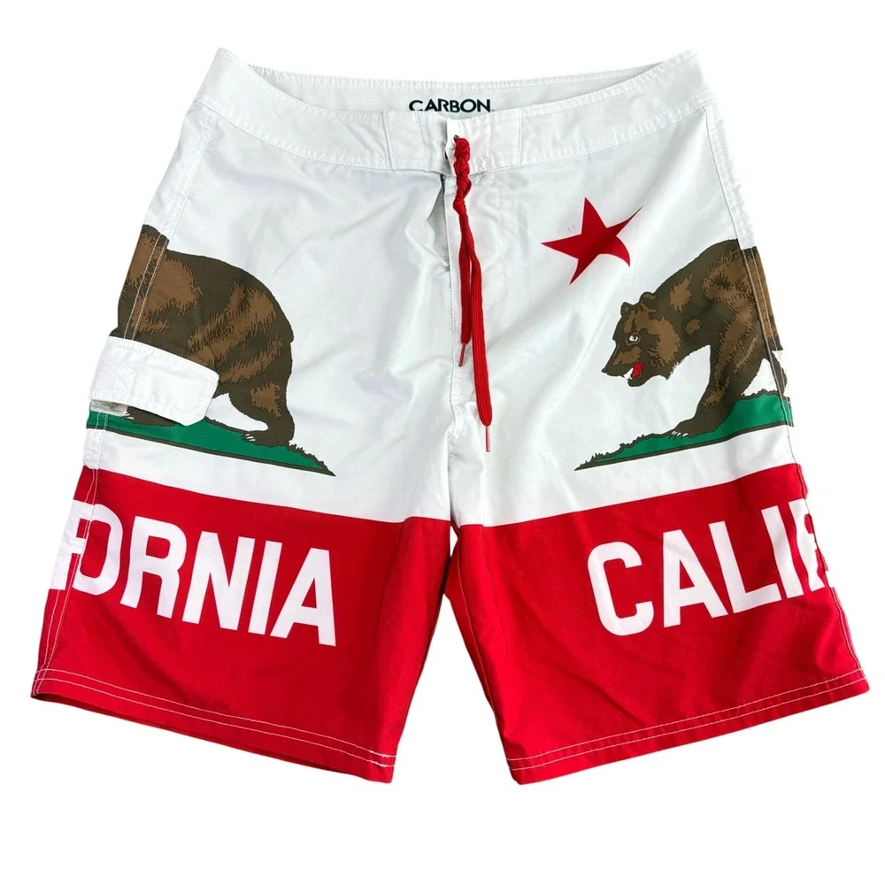 Carbon Mens 34 White Red California Republic Flag Board Shorts Cargo Pocket Surf